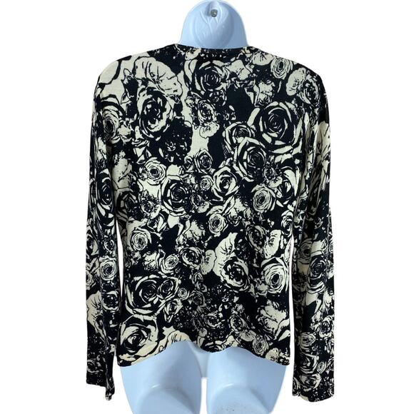 Lord & Taylor 100% Merino Wool Cardigan Sweater Women’s Medium Black White Rose - Picture 5 of 6